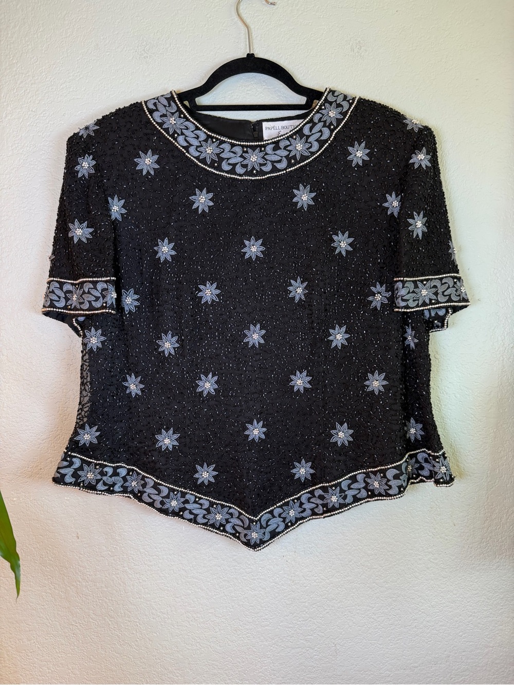 Papell Boutique Silk Beaded Black Silver Star Short Sleeve Back Zip Formal Top